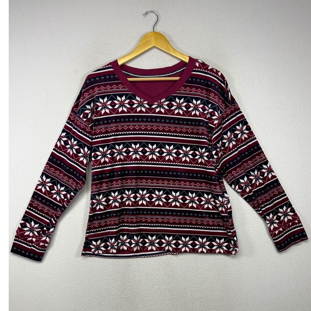 Holiday Nordic Nautica Sport Womens Medium Burgundy Fair Isle Snowflake PJ Top